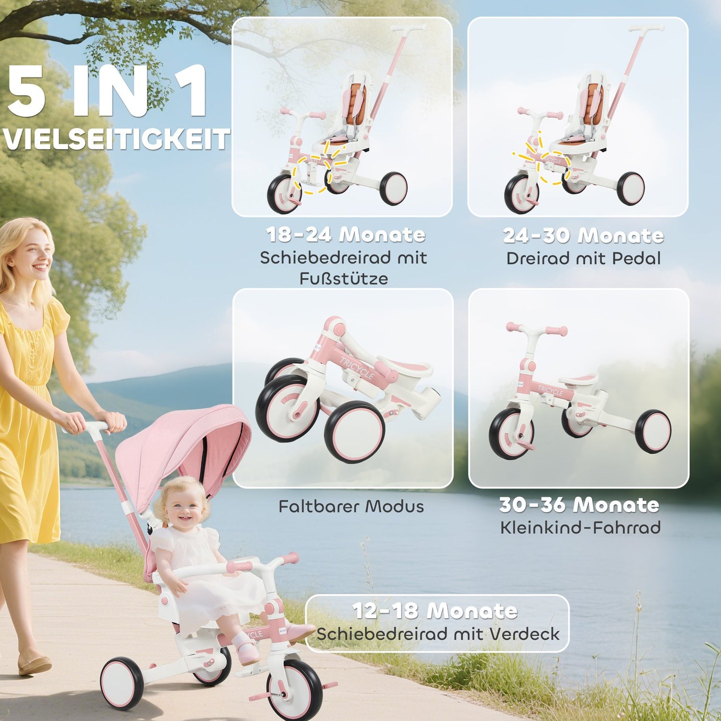 5-in-1 Toddler Tricycle, Adjustable, Pink, Ages 1-3