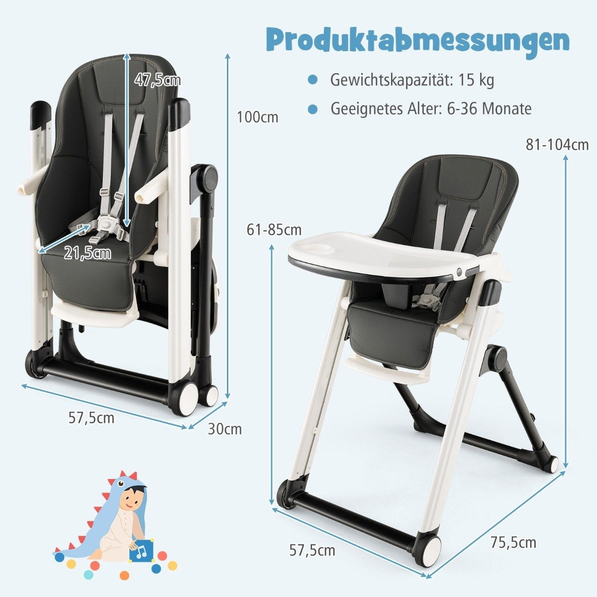 5 in 1 folding high chair with adjustable backrest & footrest & 5-point belt gray