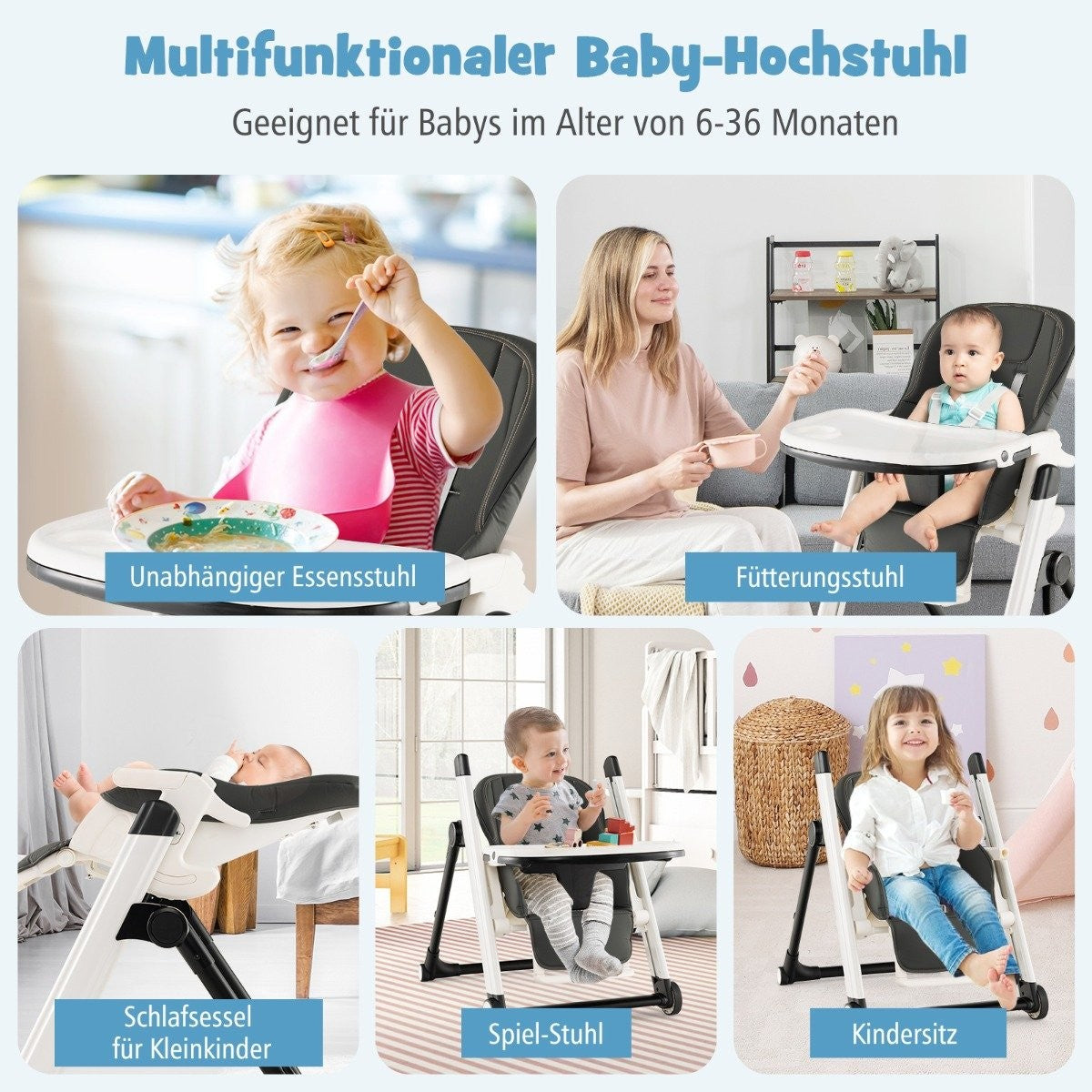 5 in 1 folding high chair with adjustable backrest & footrest & 5-point belt gray