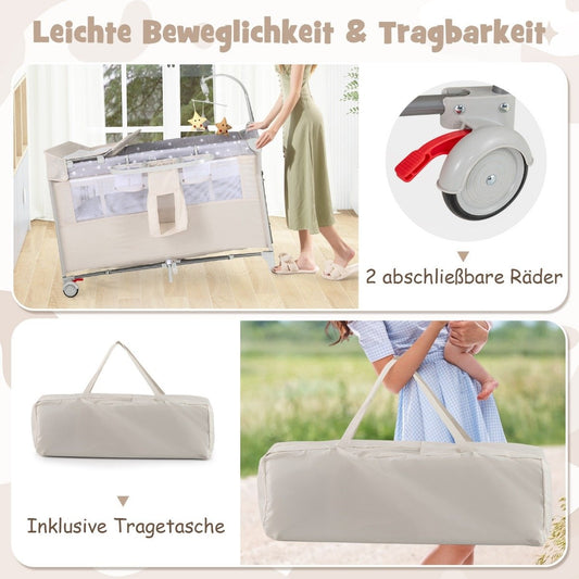 5 in 1 folding side bed travel cot with mattress 2 level baby bed with wheels beige