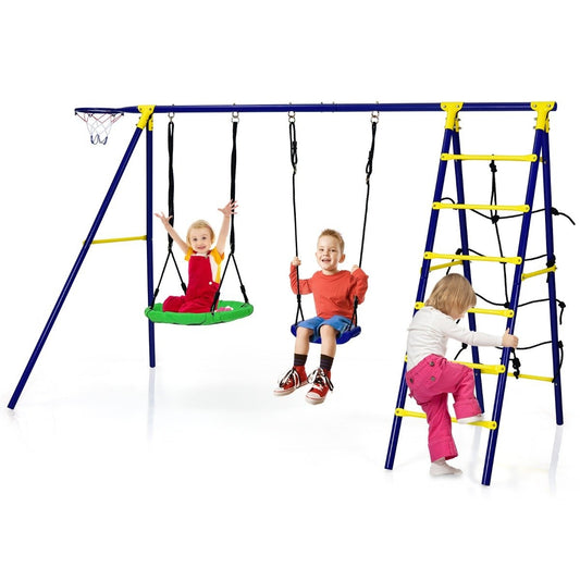 5 in 1 swing set with 2 swings basketball hoop climbing net & climbing ladder climbing & swing combination blue