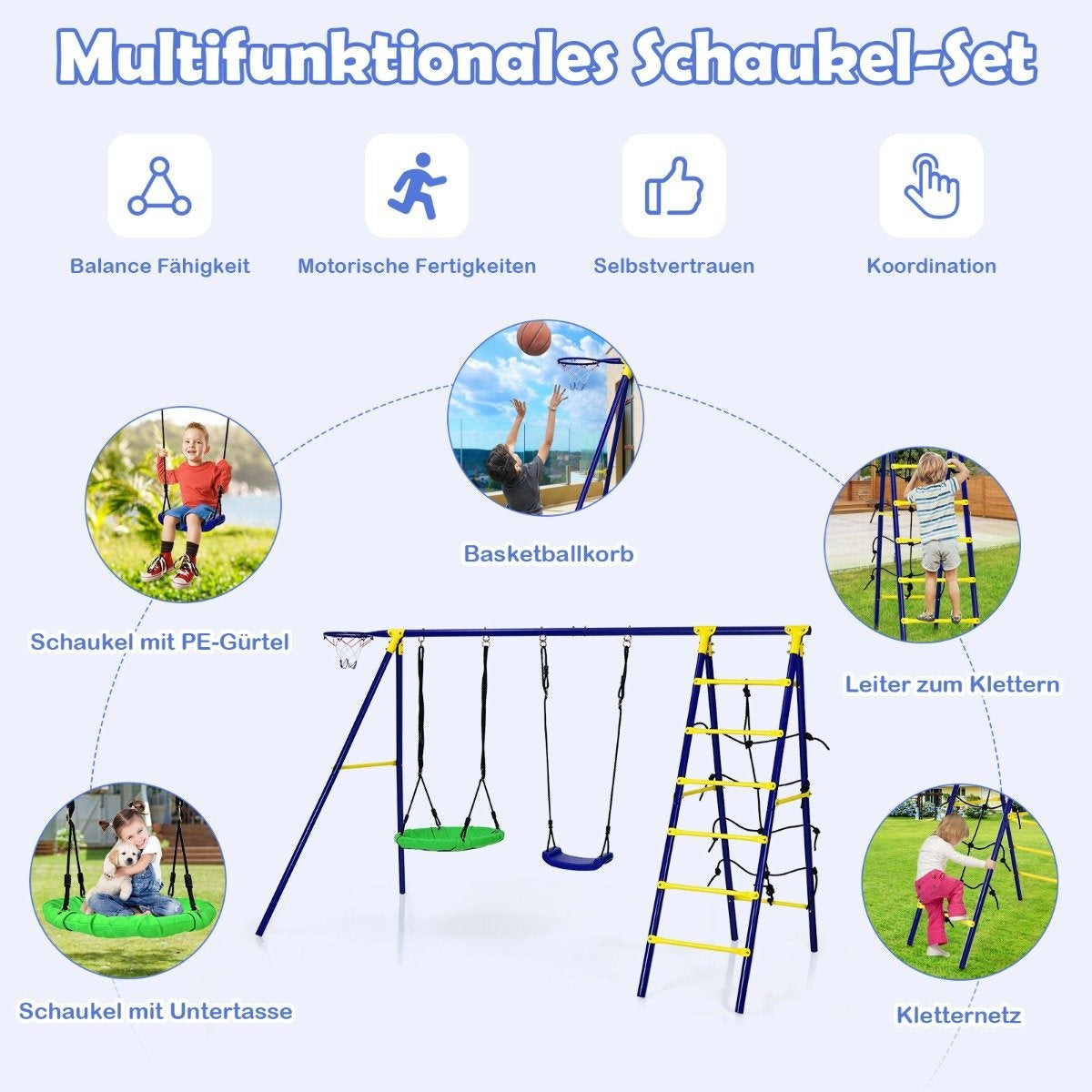 5 in 1 swing set with 2 swings basketball hoop climbing net & climbing ladder climbing & swing combination blue