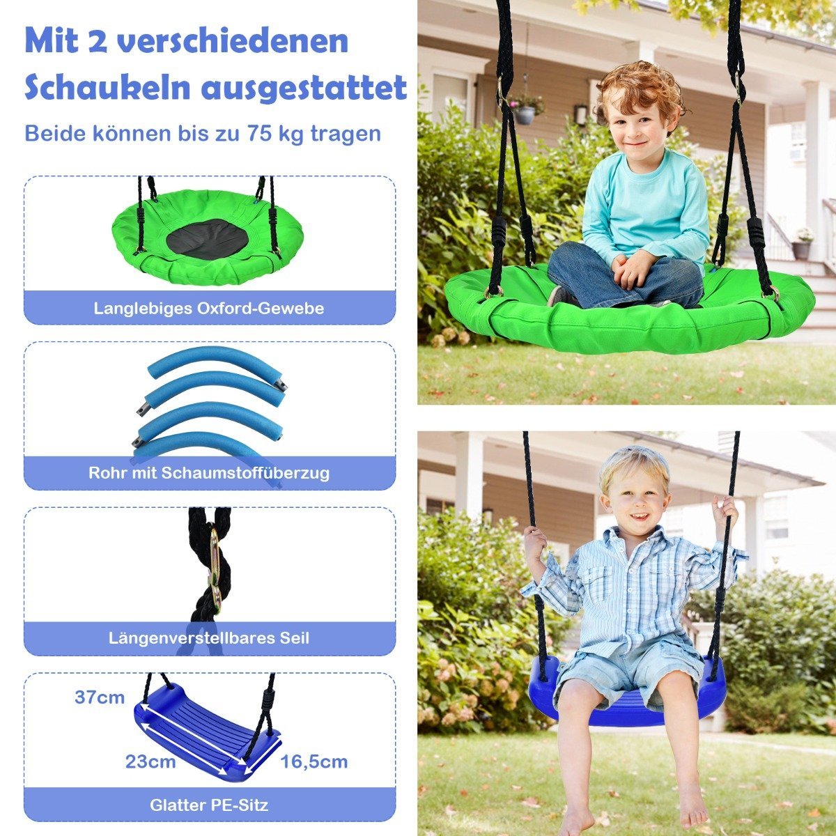 5 in 1 swing set with 2 swings basketball hoop climbing net & climbing ladder climbing & swing combination blue