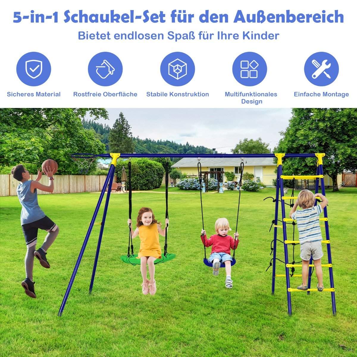 5 in 1 swing set with 2 swings basketball hoop climbing net & climbing ladder climbing & swing combination blue