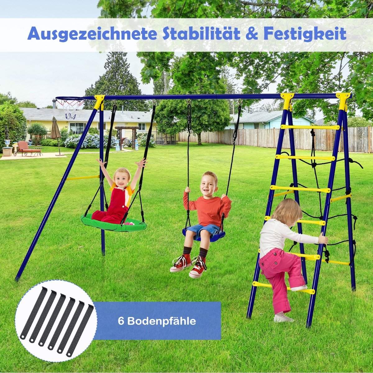 5 in 1 swing set with 2 swings basketball hoop climbing net & climbing ladder climbing & swing combination blue