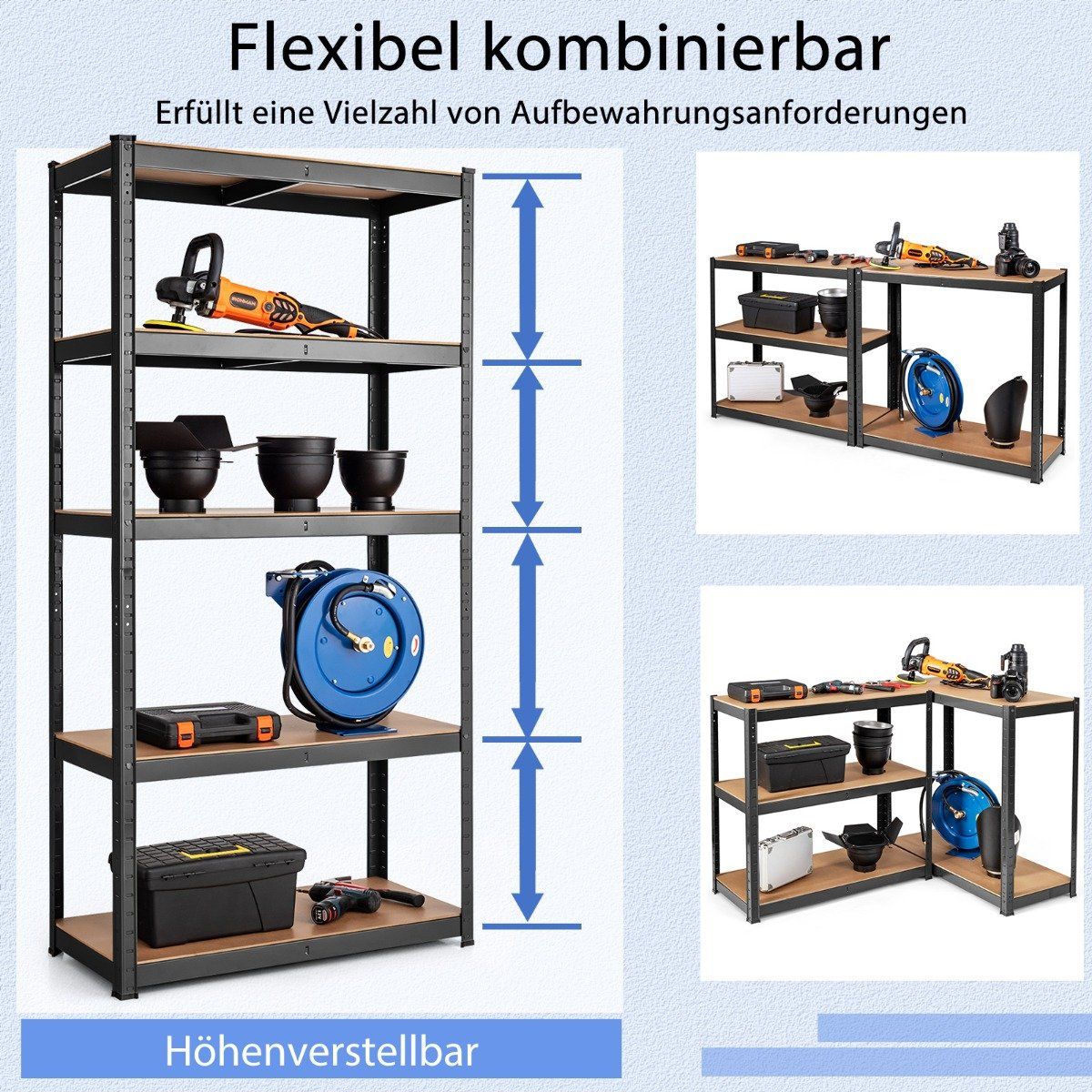 5 level storage rack with metal frame, metal rack, load capacity up to 650 kg, 75 x 30 x 150 cm, black