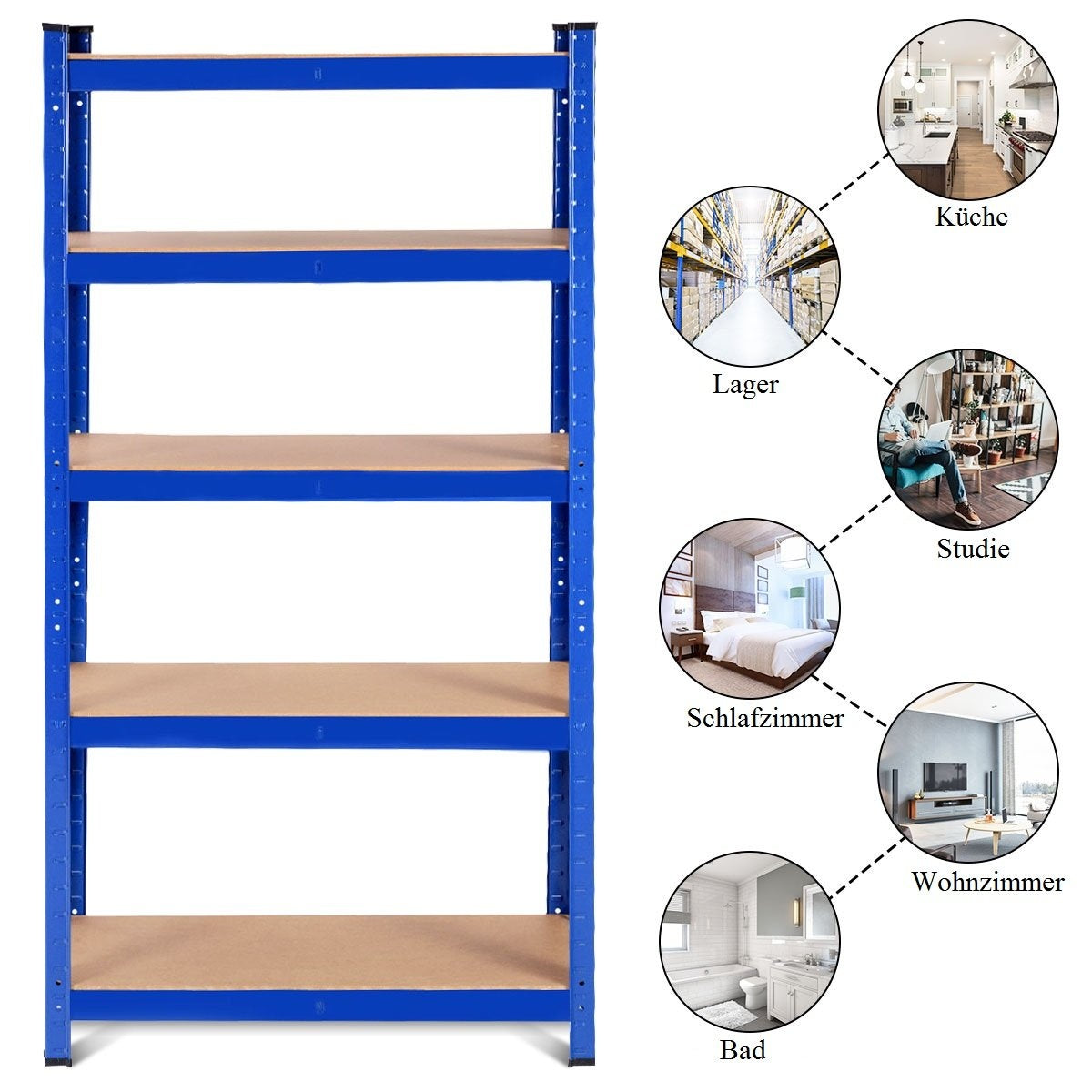 5 level storage rack with metal frame, metal rack, load capacity up to 650 kg, 75 x 30 x 150 cm, blue