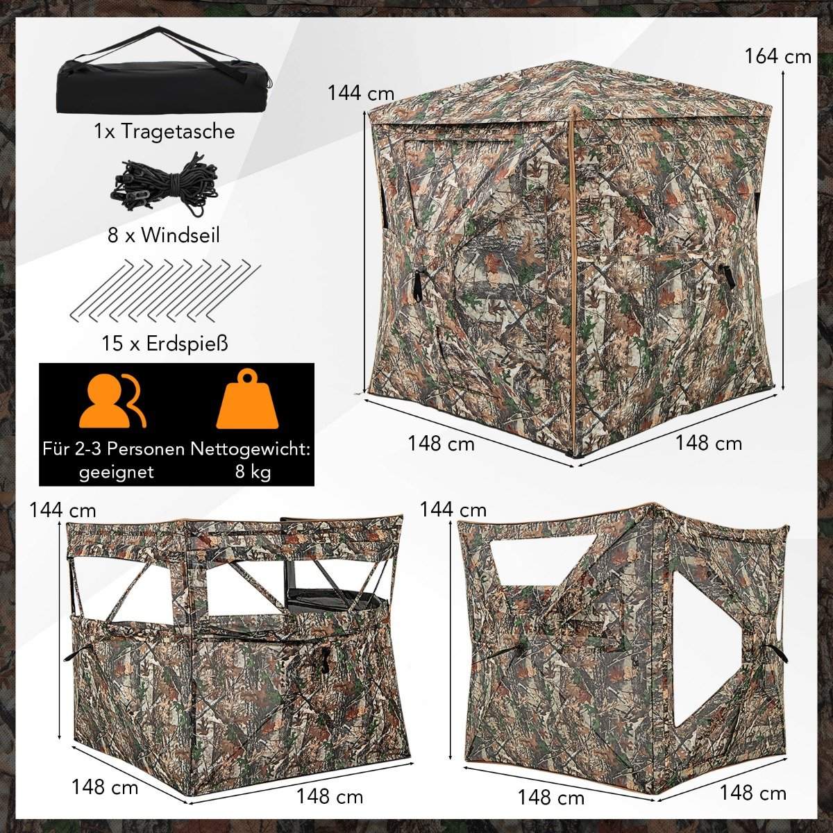 5-piece demountable hunting hideout for 2-3 people 360° transparent hunter tent