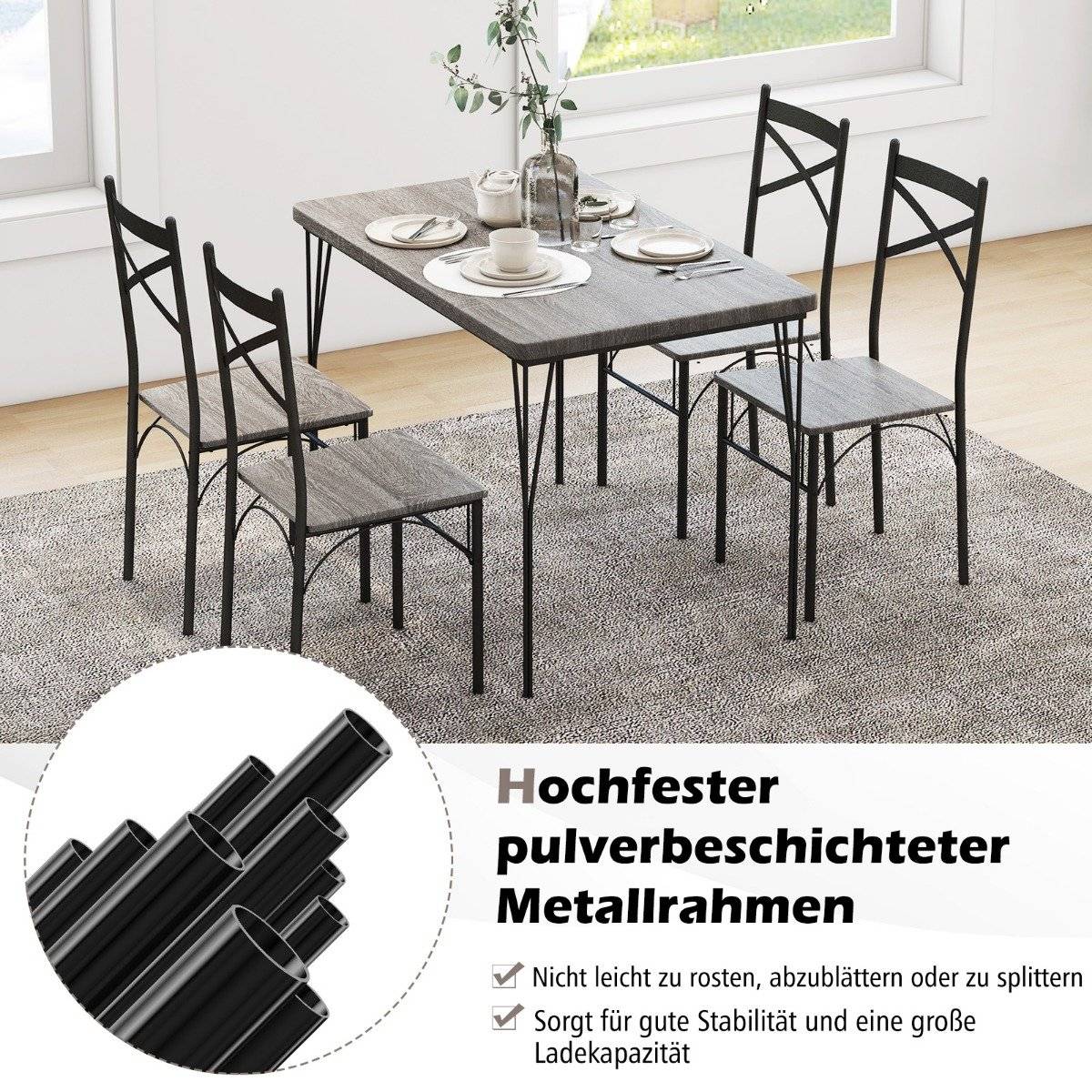 5-piece dining set for 4 people modern rectangular dining table and 4 dining chairs gray and black