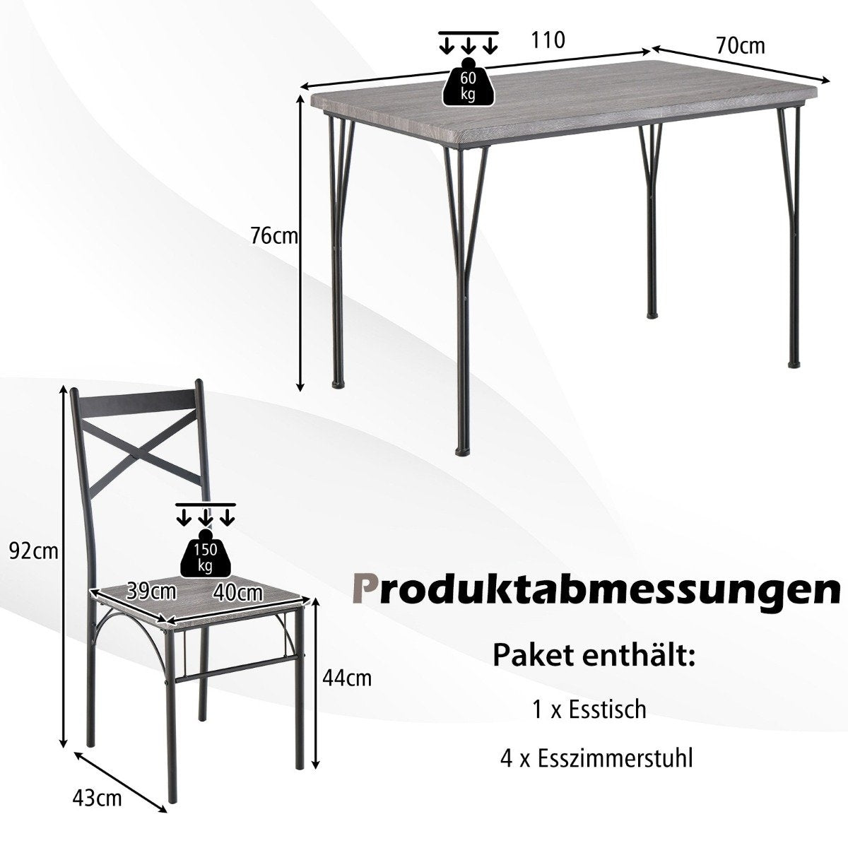 5-piece dining set for 4 people modern rectangular dining table and 4 dining chairs gray and black