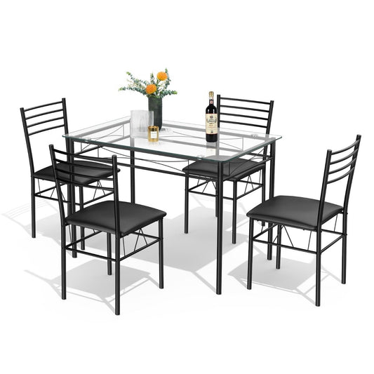 5-piece dining table set, dining table with glass top, dining group with padded chair, black