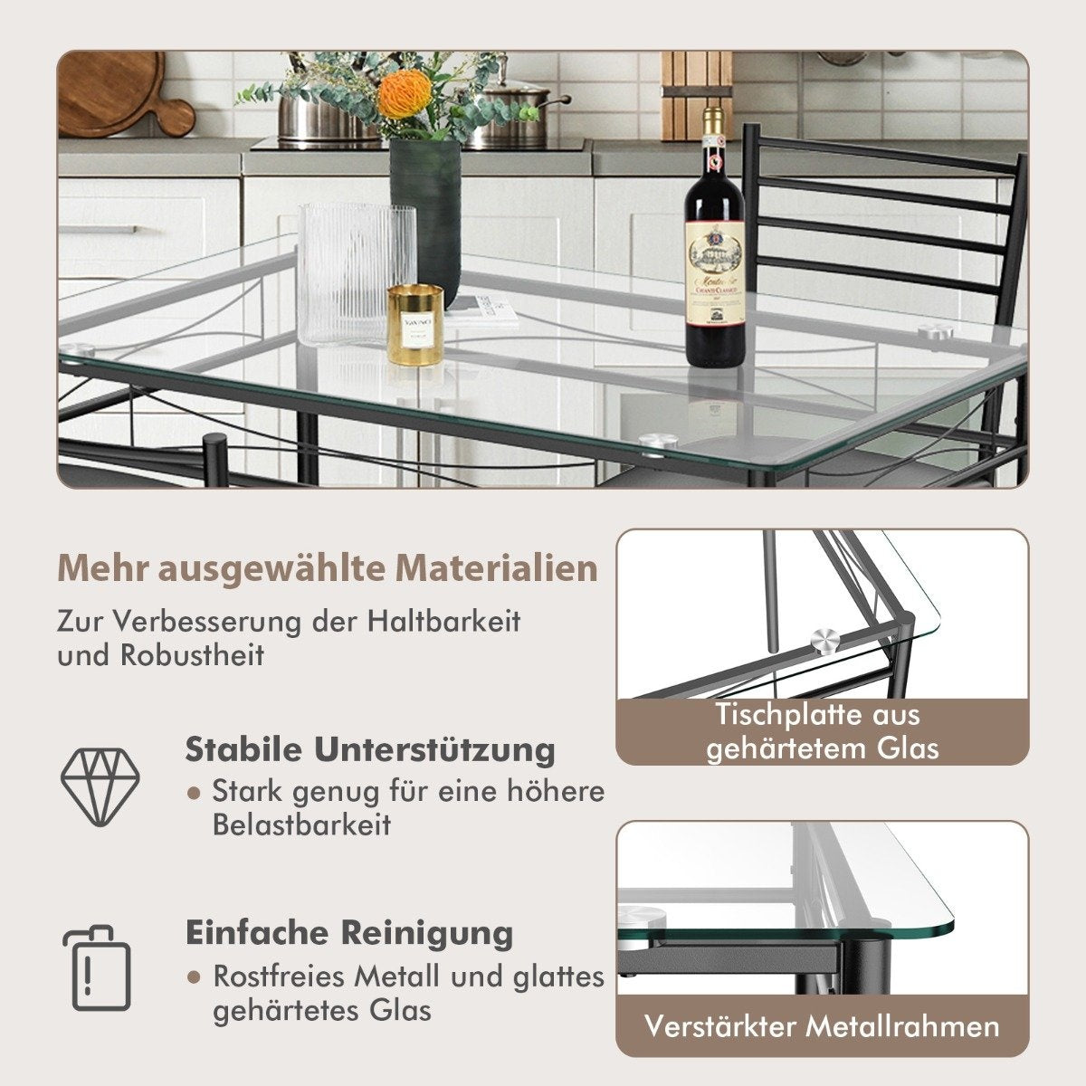 5-piece dining table set, dining table with glass top, dining group with padded chair, black