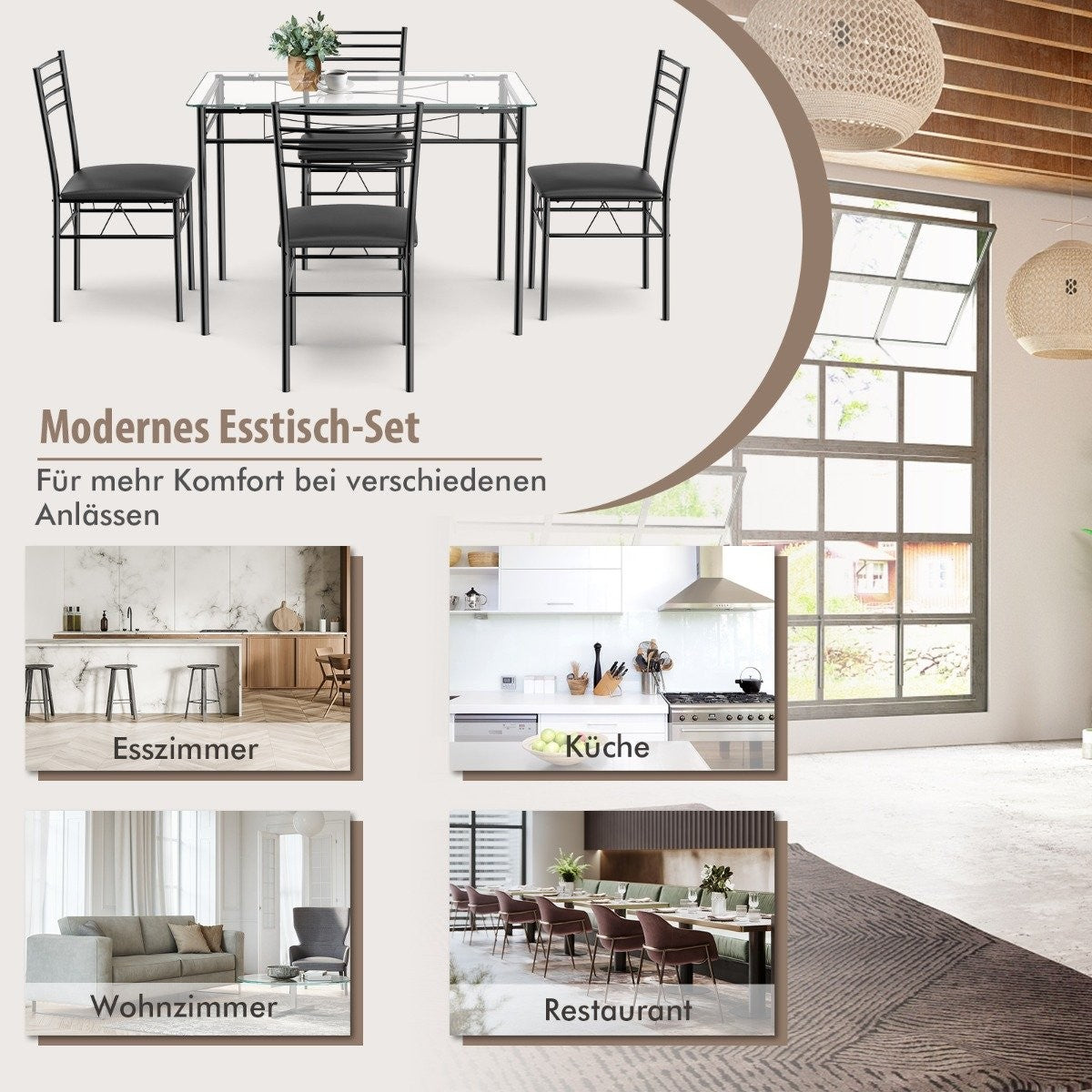 5-piece dining table set, dining table with glass top, dining group with padded chair, black