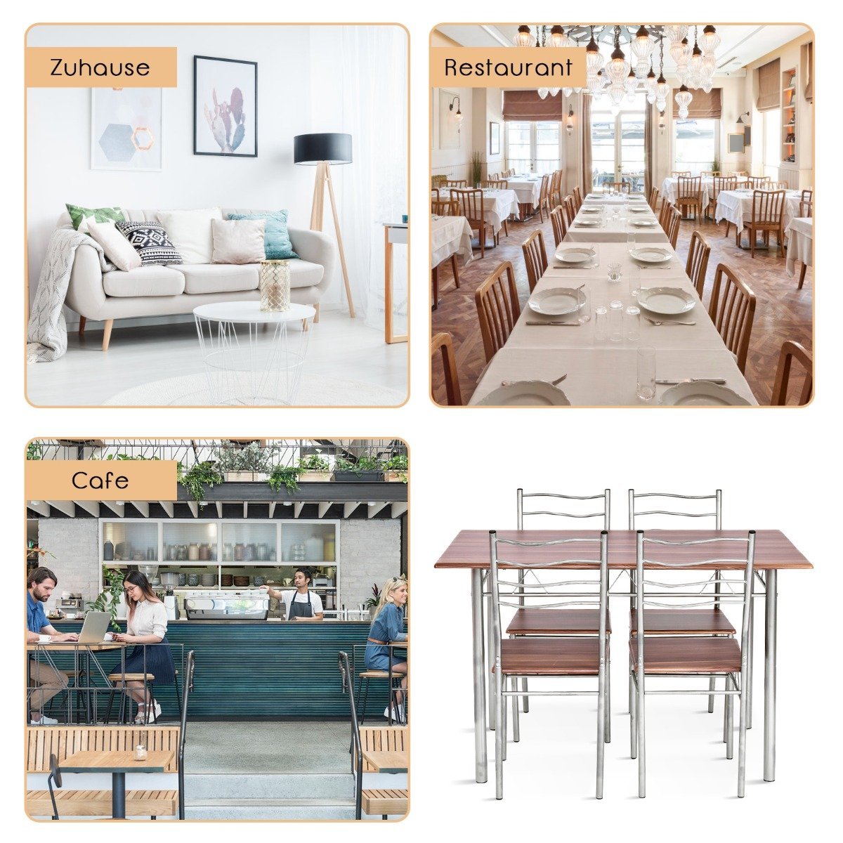 5-piece dining table set kitchen table with 4 chairs dining group with high backrest walnut