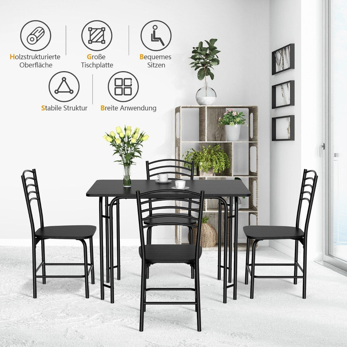 5-piece dining table set rectangular kitchen table with 4 chairs dining group metal frame seating group dining room table 4 people space-saving black
