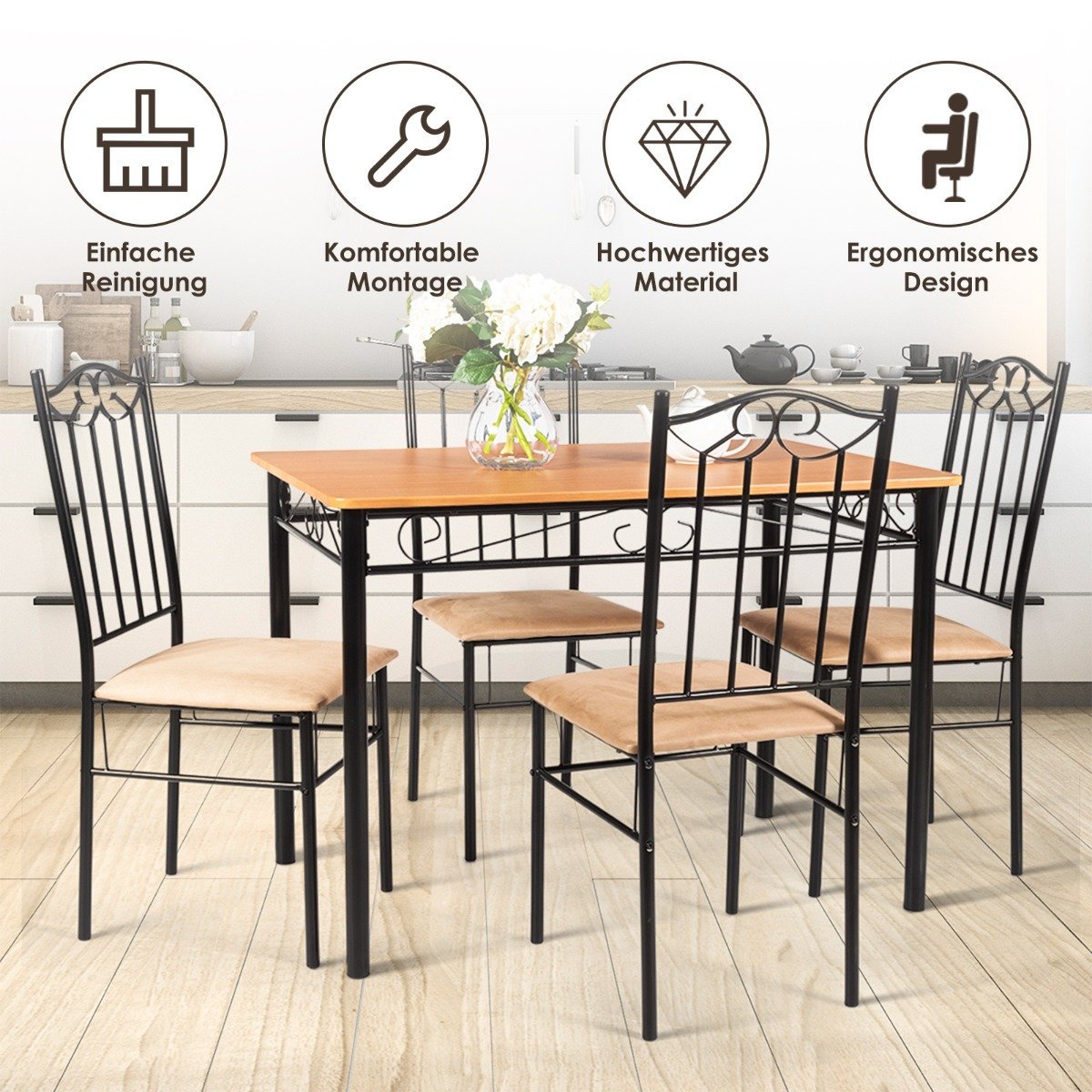 5-piece dining table set with 4 padded chairs dining group for dining room kitchen