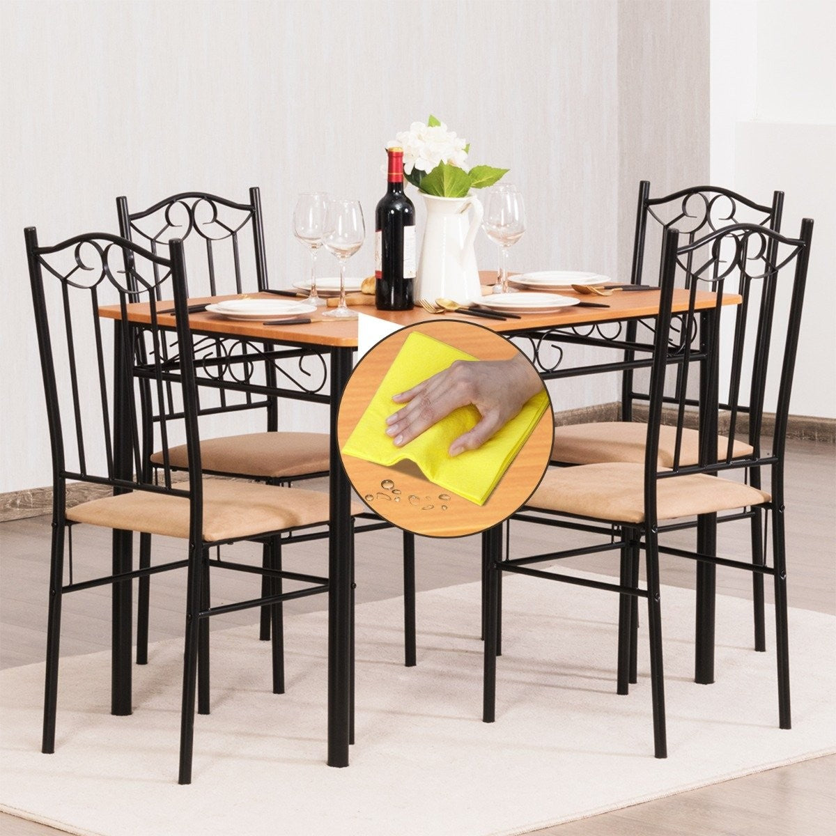 5-piece dining table set with 4 padded chairs dining group for dining room kitchen