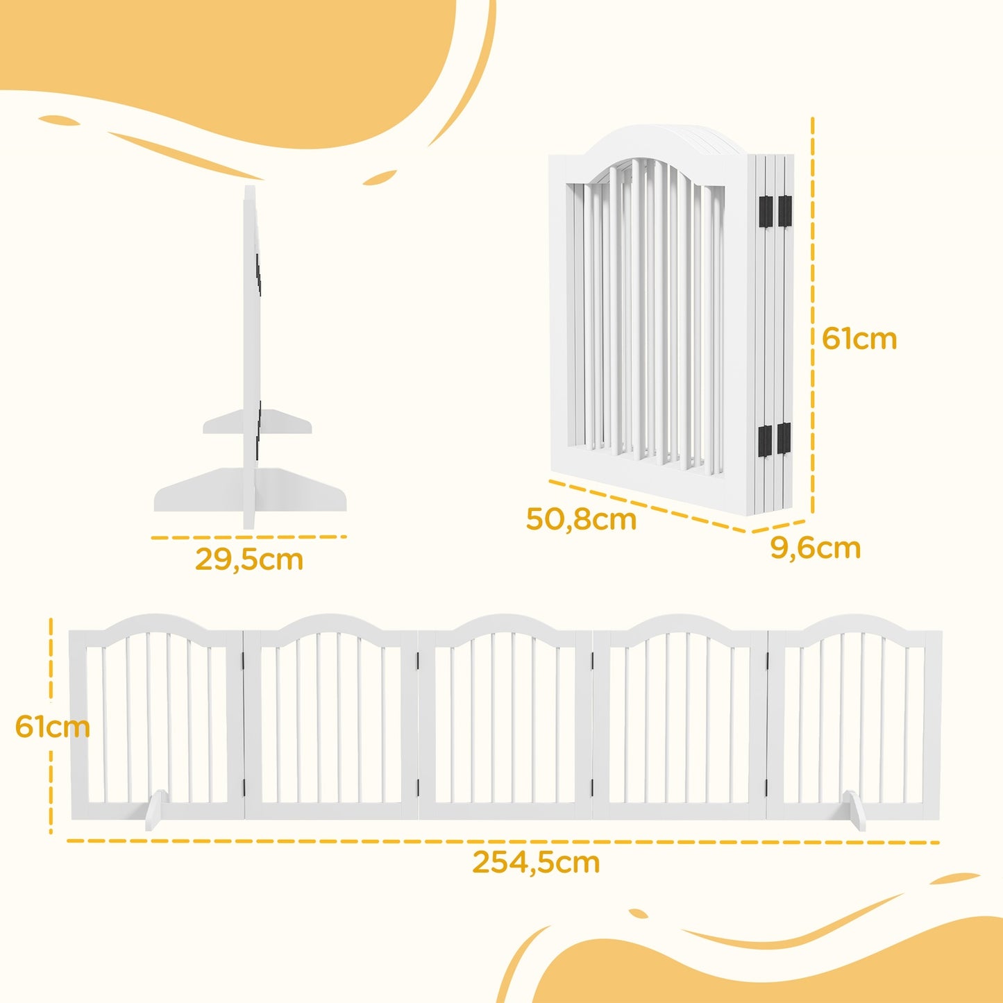 Folding dog gate, 5-part, 254.5x61 cm, freestanding