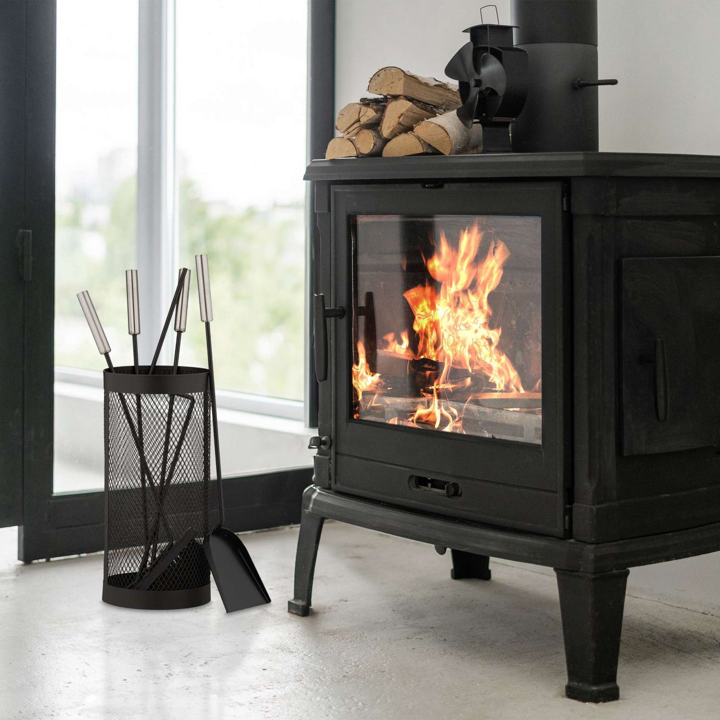 5-piece fireplace set in black bucket