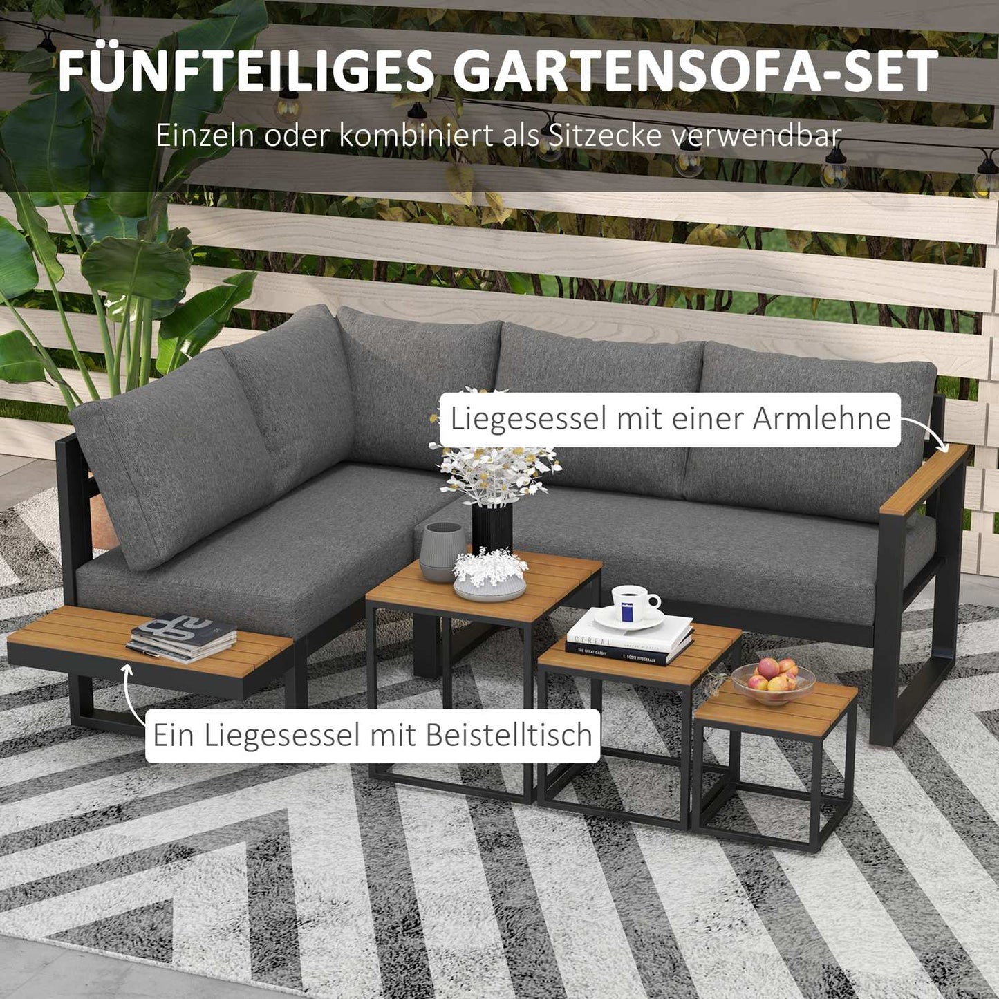 5-piece gray garden lounge set with corner sofa and table