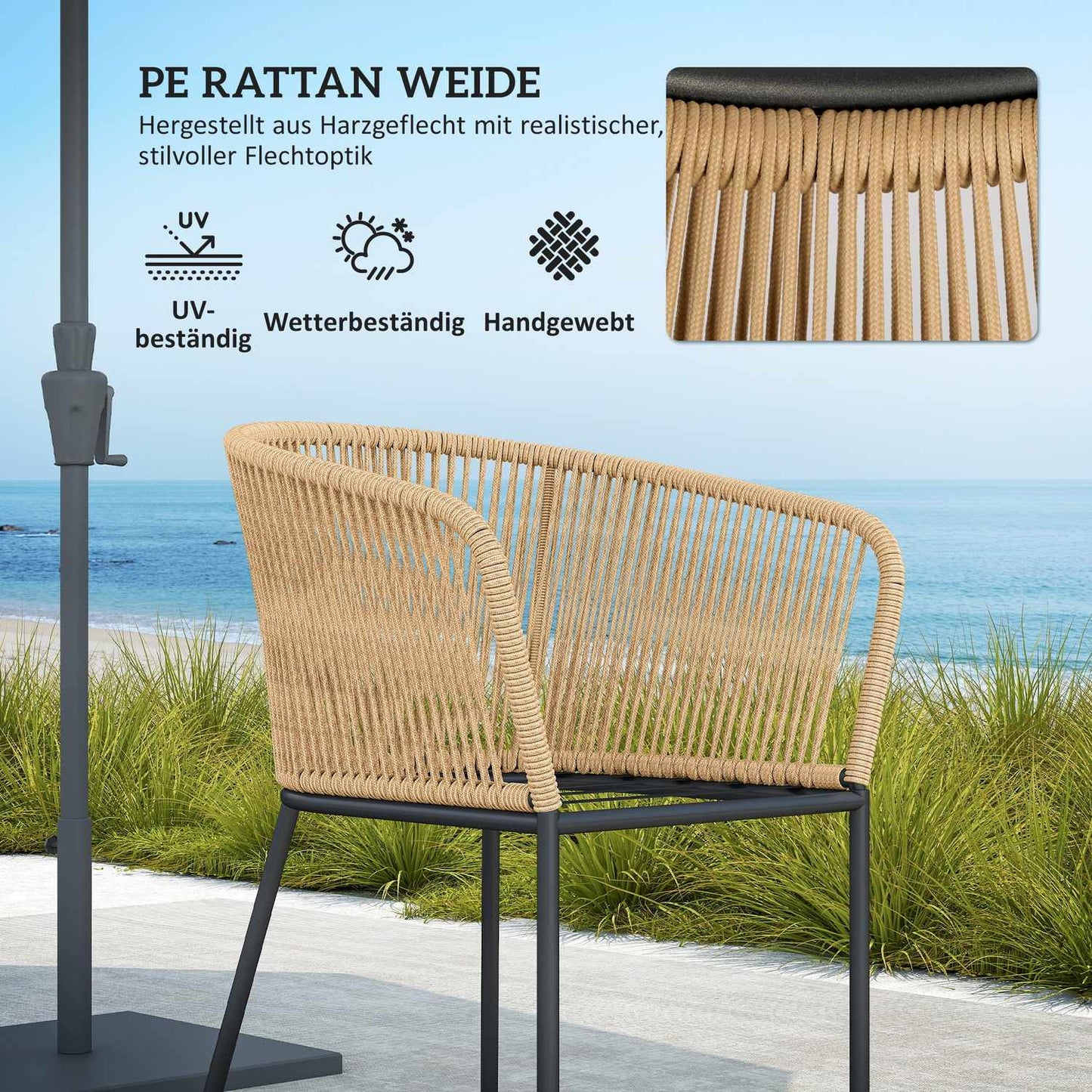 Patio set in poly rattan for 4 with table and cushions