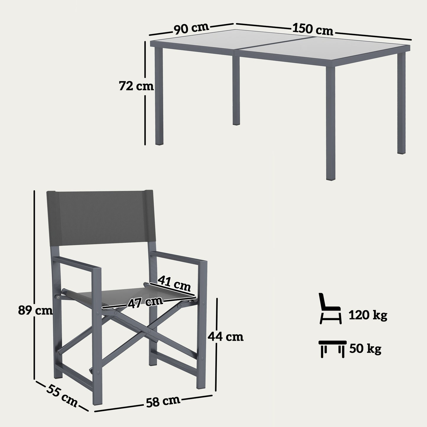 5-piece dining room set in steel with folding chairs, grey