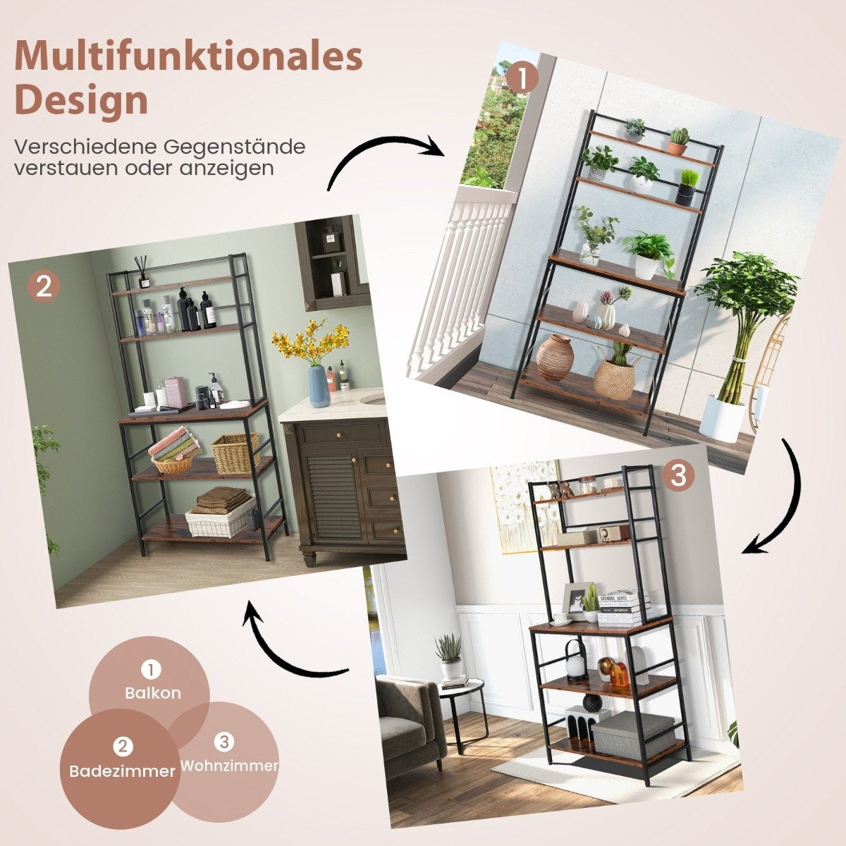 5-tier kitchen shelf with attachment & open shelves, anti-tip device, free-standing kitchen storage rack, rustic brown