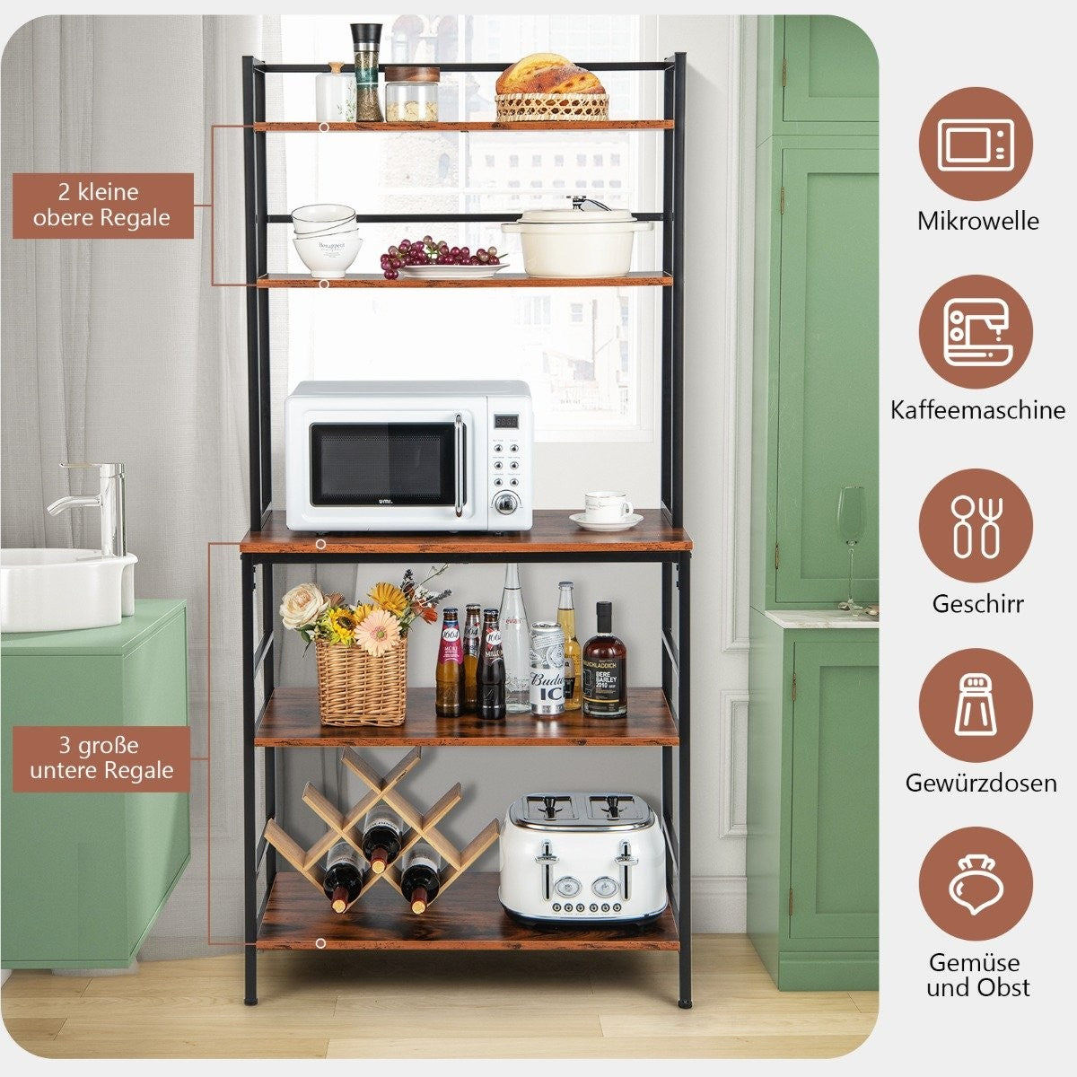 5-tier kitchen shelf with attachment & open shelves, anti-tip device, free-standing kitchen storage rack, rustic brown
