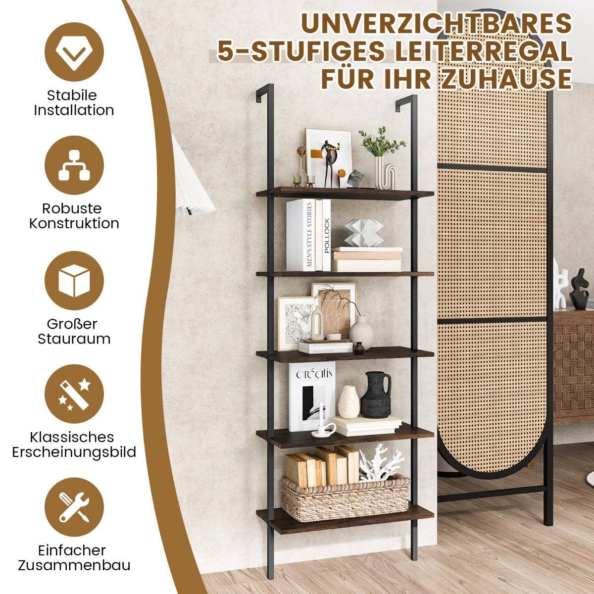 5-tier ladder shelf wall shelf with steel frame 60 x 30 x 180 cm rustic brown