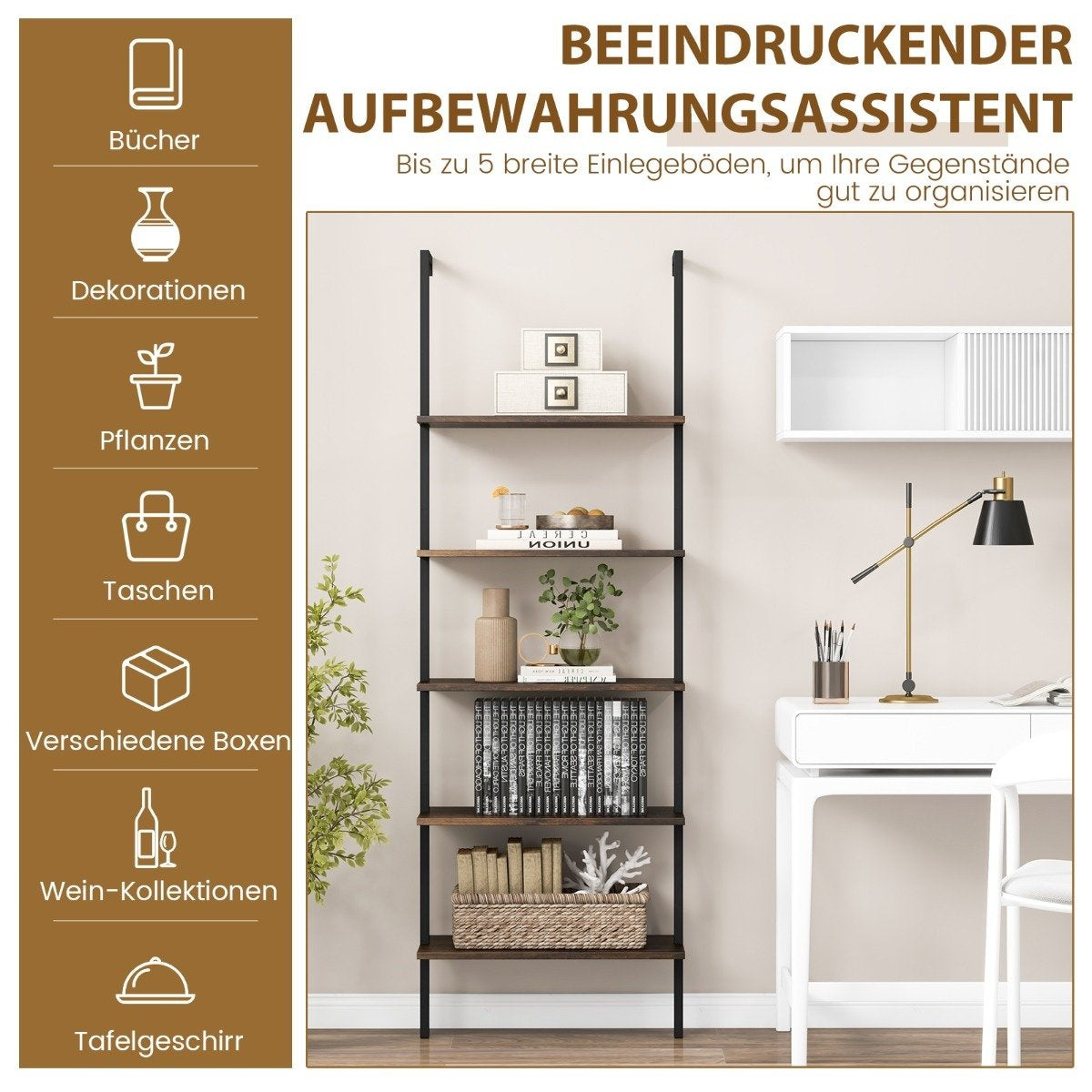 5-tier ladder shelf wall shelf with steel frame 60 x 30 x 180 cm rustic brown