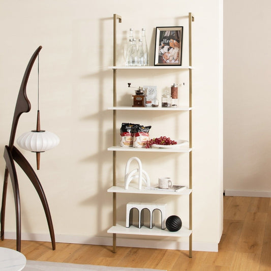 5-tier ladder shelf wall shelf with steel frame 60 x 30 x 180 cm white & gold