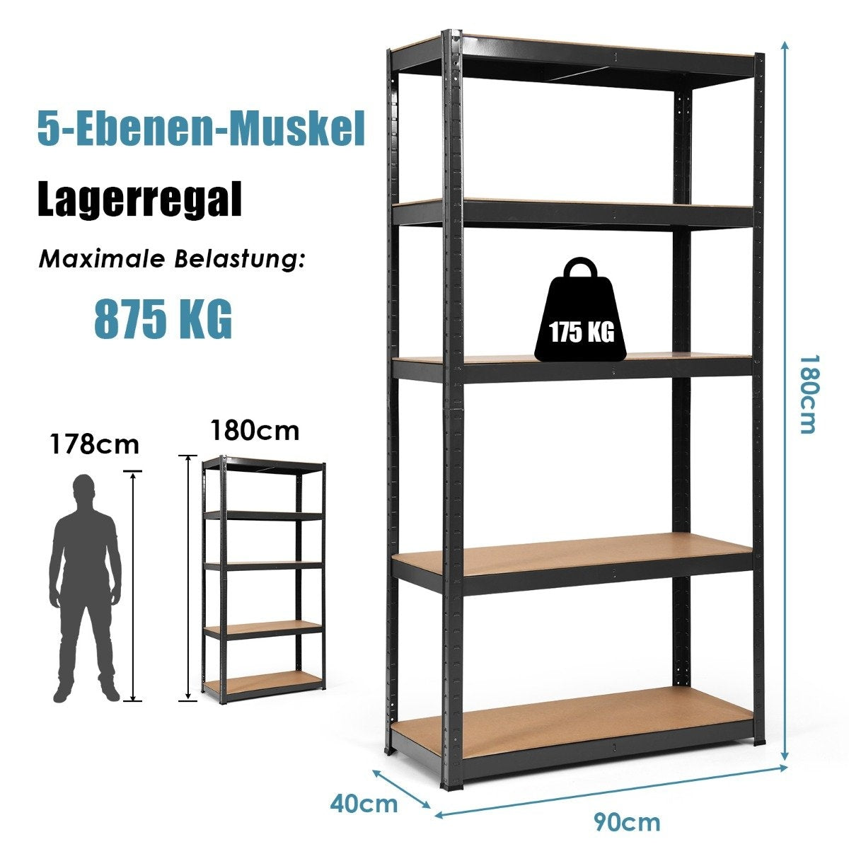 5 tier storage shelf, space-saving heavy-duty shelf, metal shelf, workshop shelf, black
