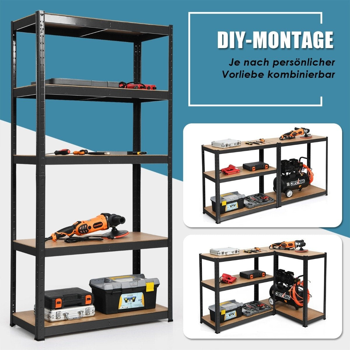 5 tier storage shelf, space-saving heavy-duty shelf, metal shelf, workshop shelf, black