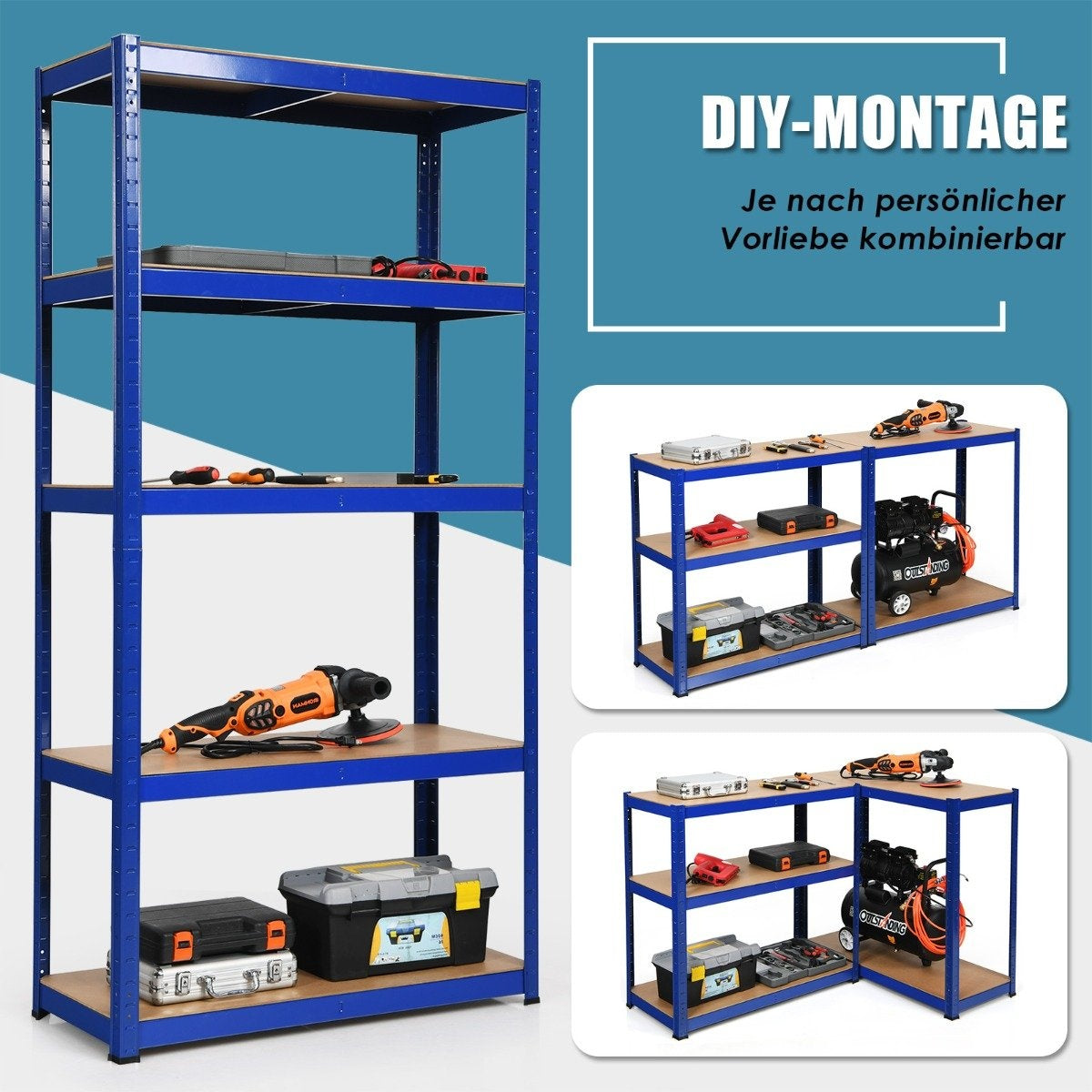 5 tier storage shelf, space-saving heavy-duty shelf, metal shelf, workshop shelf, blue