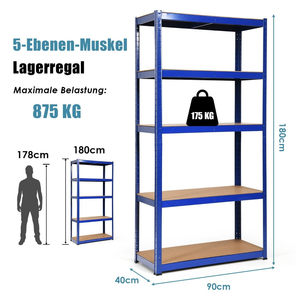5 tier storage shelf, space-saving heavy-duty shelf, metal shelf, workshop shelf, blue