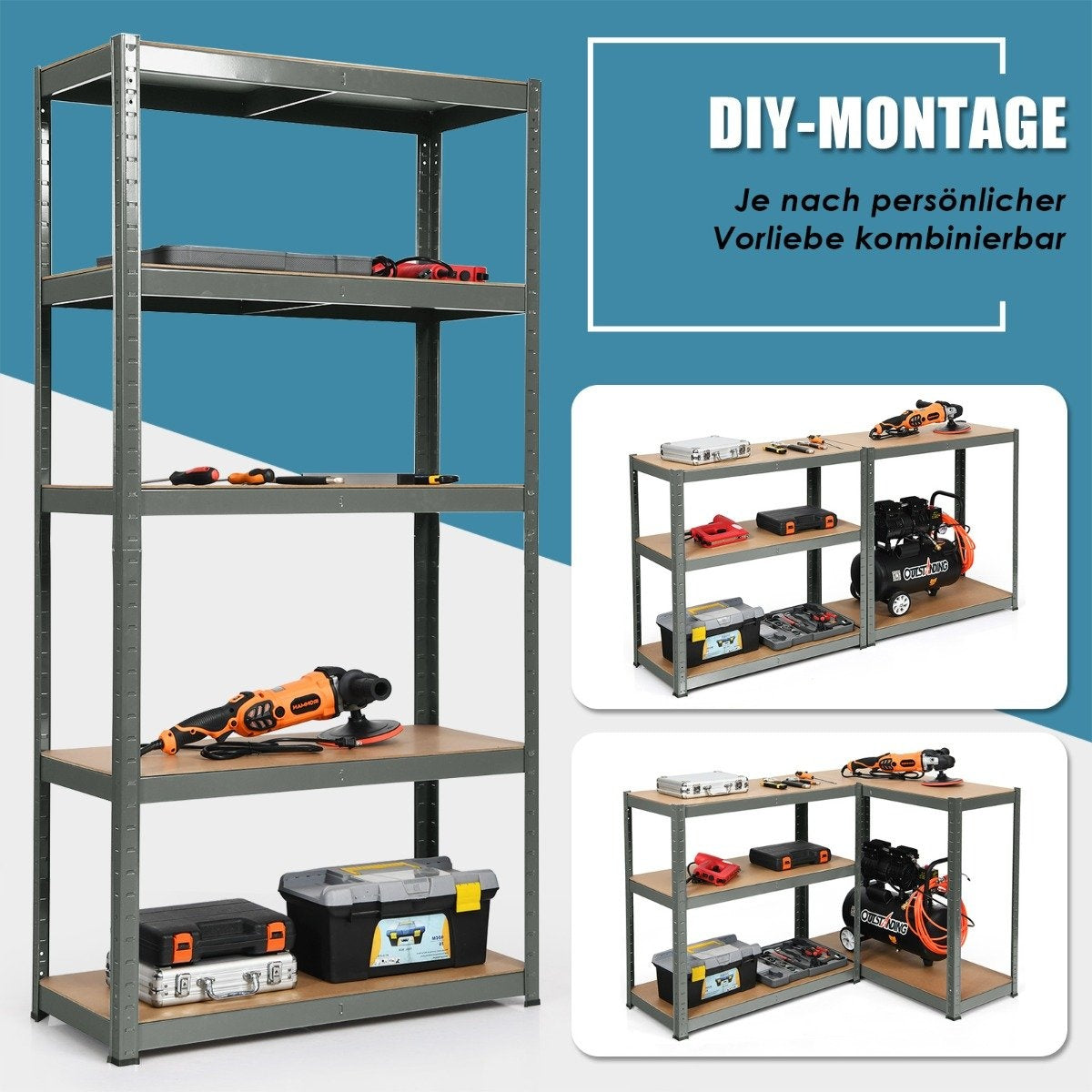 5 tier storage shelf, space-saving heavy-duty shelf, metal shelf, workshop shelf, grey