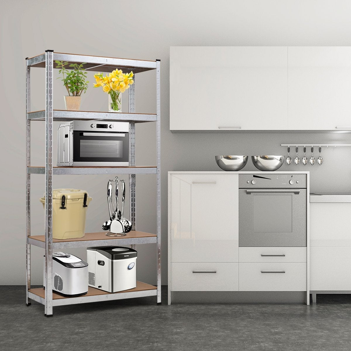 5 tier storage shelf, space-saving heavy-duty shelf, metal shelf, workshop shelf, silver