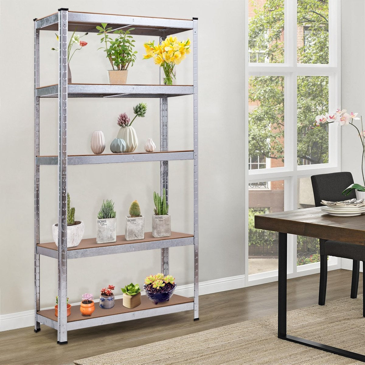 5 tier storage shelf, space-saving heavy-duty shelf, metal shelf, workshop shelf, silver