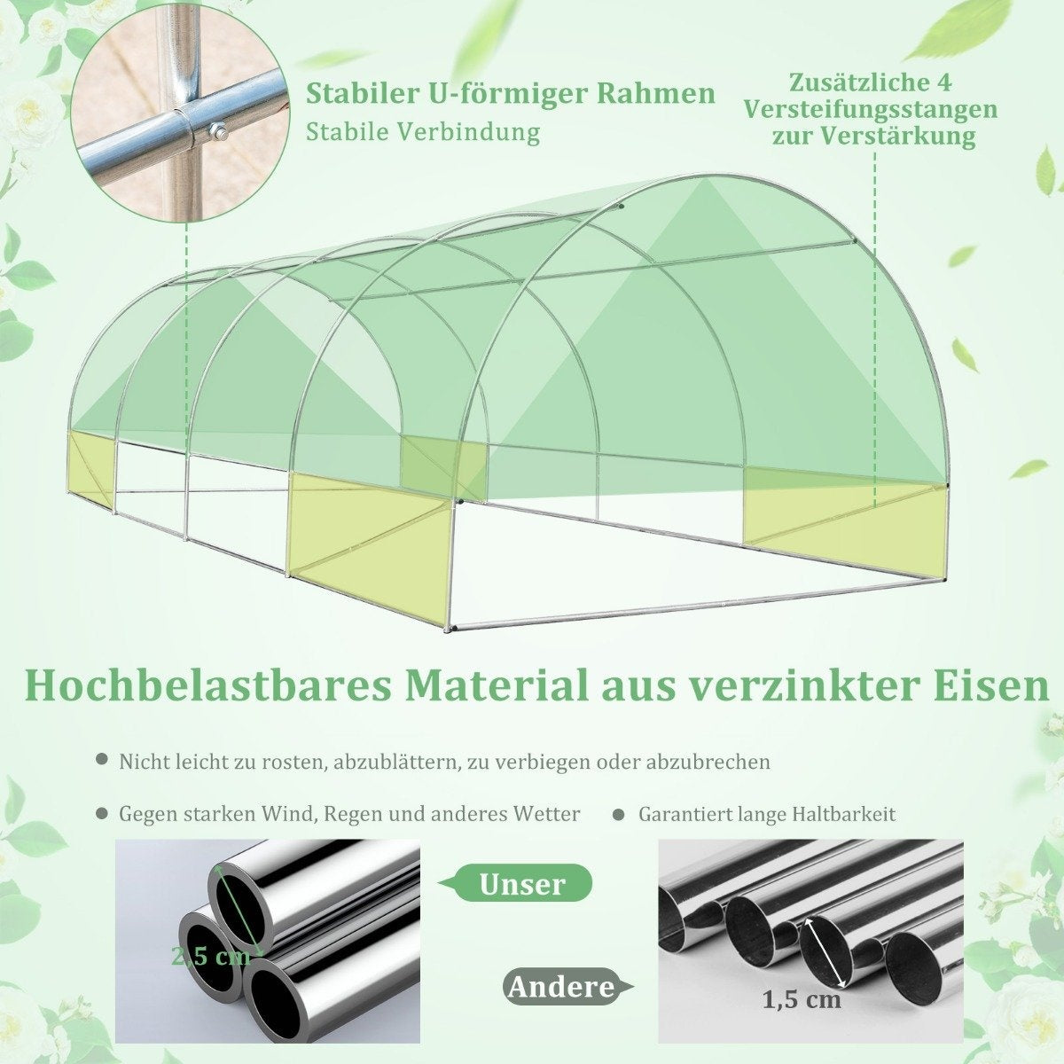 600 x 300 x 200 cm Large Walk-in Tunnel Greenhouse Green