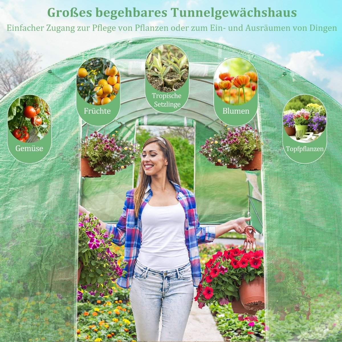 600 x 300 x 200 cm Large Walk-in Tunnel Greenhouse Green