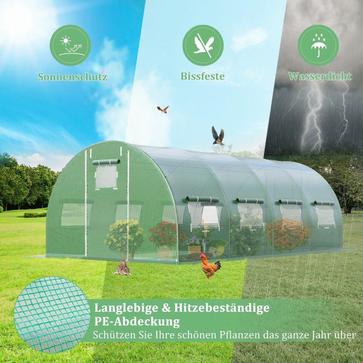 600 x 300 x 200 cm Large Walk-in Tunnel Greenhouse Green