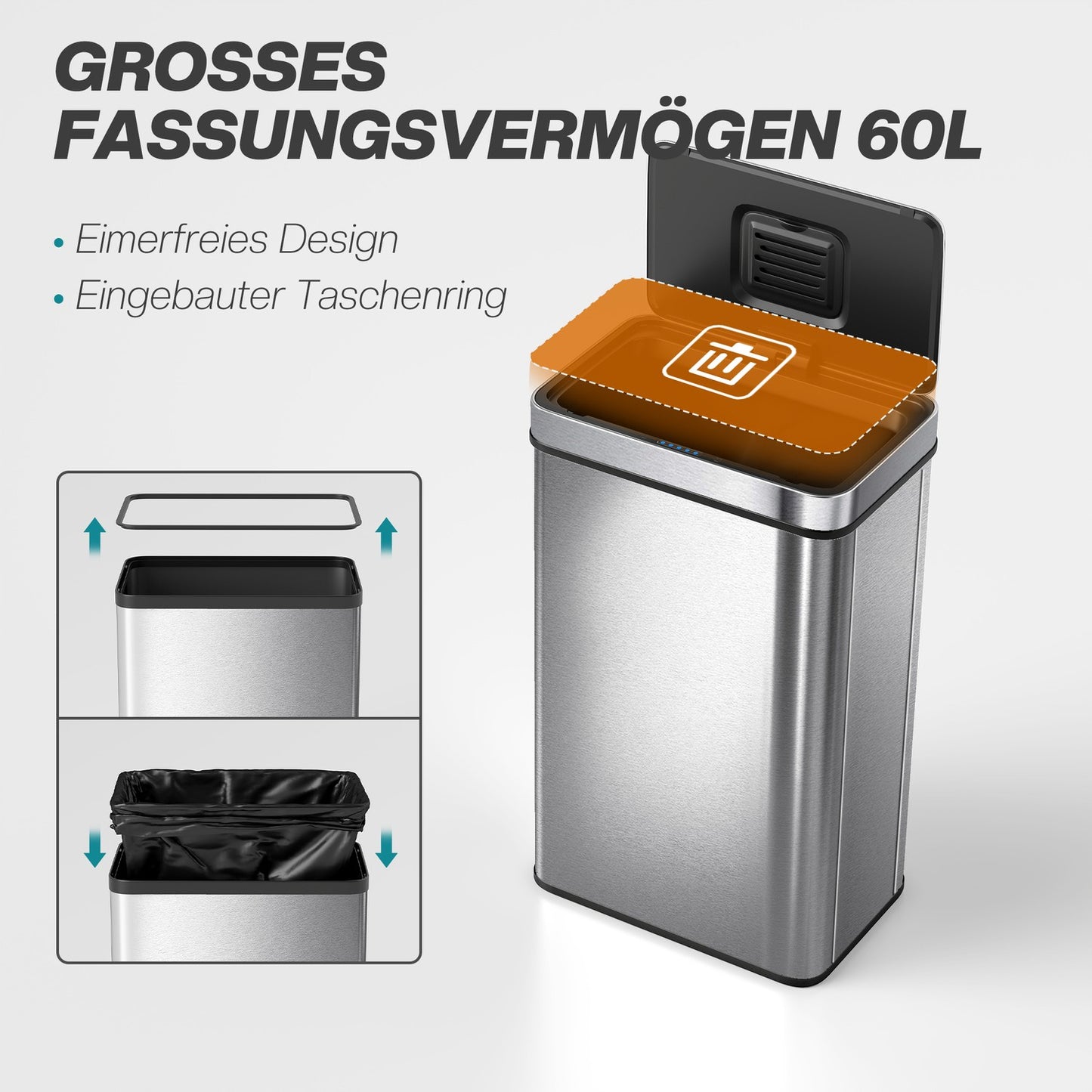 60L Stainless Steel Sensor Trash Can, Automatic Lid