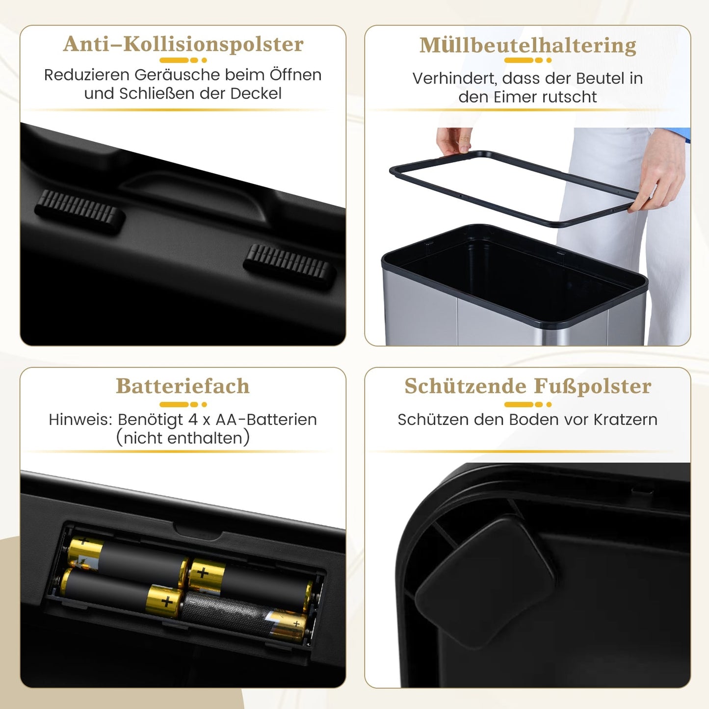 60L Touchless Sensor Trash Can, Stainless Steel, Black