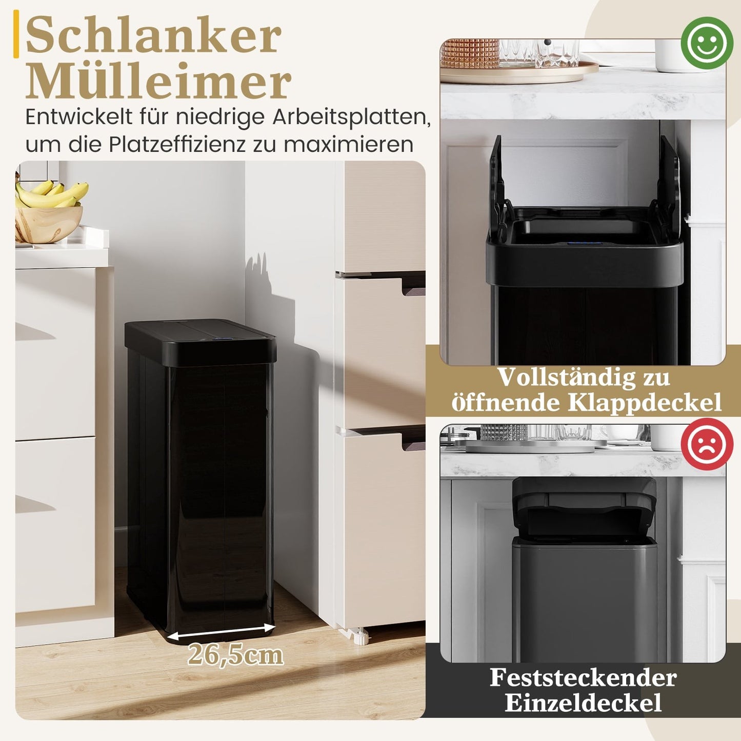 60L Touchless Sensor Trash Can, Stainless Steel, Black