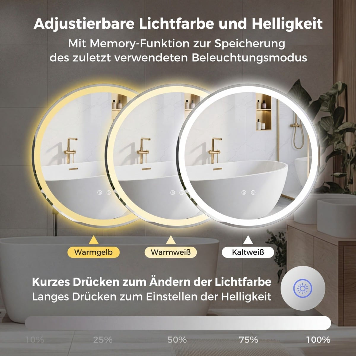 60 cm Round LED Bathroom Mirror with Adjustable Brightness