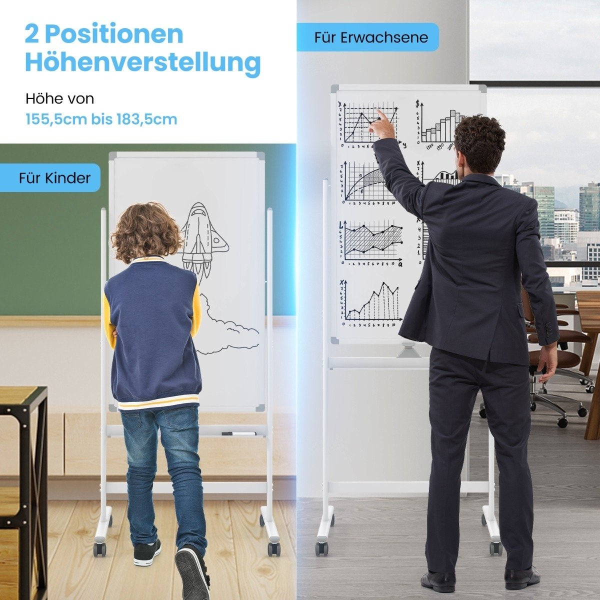 60 x 100 cm Double-Sided Magnetic Whiteboard with Wheels & Stand & Pen Tray White