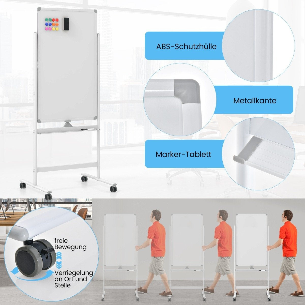 60 x 100 cm Double-Sided Magnetic Whiteboard with Wheels & Stand & Pen Tray White