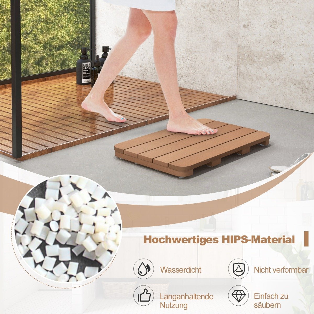 60 x 48 cm toilet mat made of hips wood design, bath mat, load-bearing up to 150 kg, bathroom mat, brown, corrosion-resistant, rust-proof, durable
