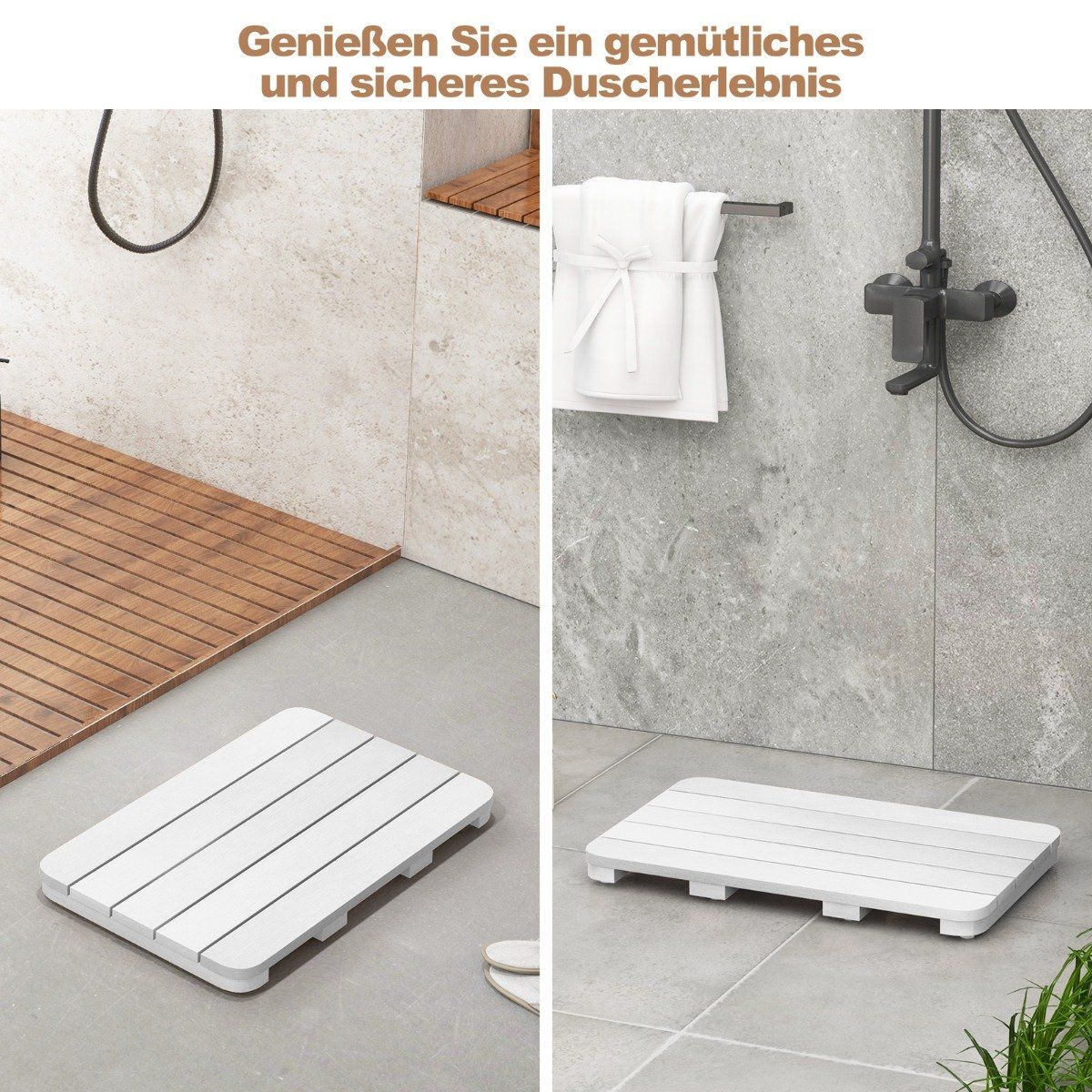 60 x 48 cm toilet mat made of hips wood design, bath mat, load-bearing up to 150 kg, bathroom mat, corrosion-resistant, rust-proof, durable, white
