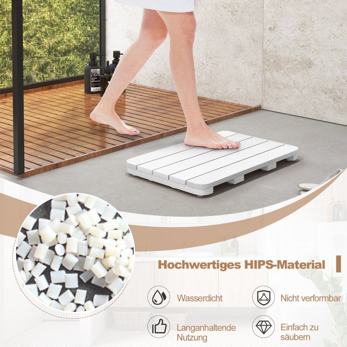 60 x 48 cm toilet mat made of hips wood design, bath mat, load-bearing up to 150 kg, bathroom mat, corrosion-resistant, rust-proof, durable, white